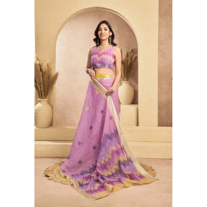 Generic Women's Linen Cotton Printed Ready To Wear Saree With Unstitched Blouse 5.5 Mtr (Lavender)