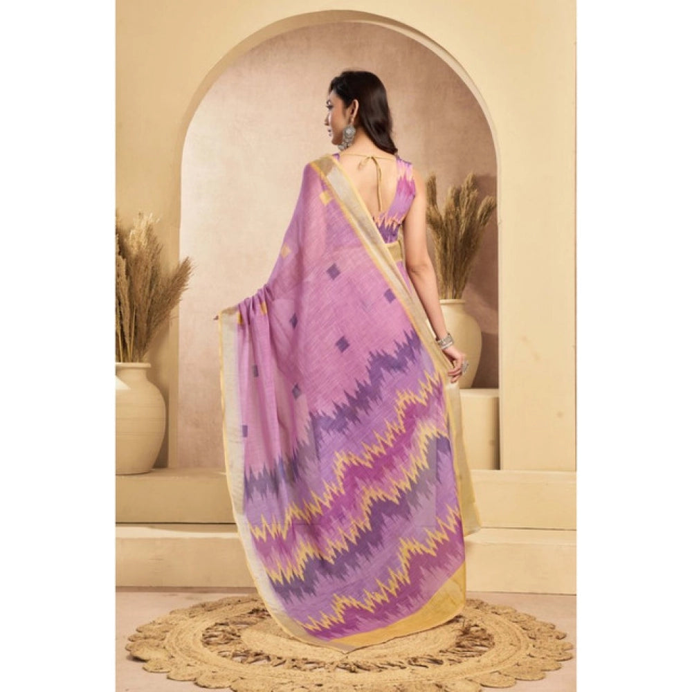 Generic Women's Linen Cotton Printed Ready To Wear Saree With Unstitched Blouse 5.5 Mtr (Lavender)