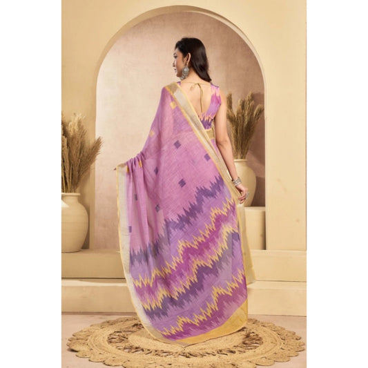 Generic Women's Linen Cotton Printed Ready To Wear Saree With Unstitched Blouse 5.5 Mtr (Lavender)