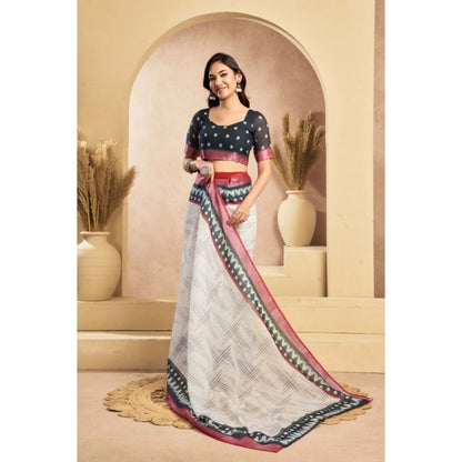 Generic Women's Linen Cotton Printed Ready To Wear Saree With Unstitched Blouse 5.5 Mtr (Off_White)