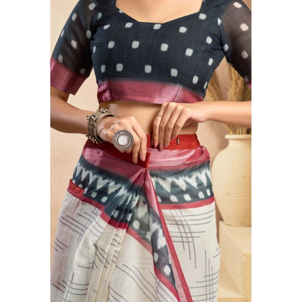 Generic Women's Linen Cotton Printed Ready To Wear Saree With Unstitched Blouse 5.5 Mtr (Off_White)