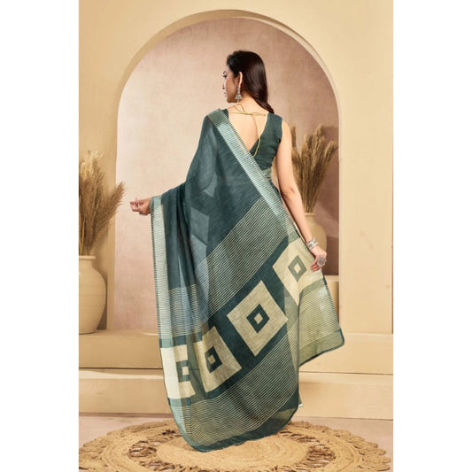 Generic Women's Linen Cotton Printed Ready To Wear Saree With Unstitched Blouse 5.5 Mtr (Light_Teal)
