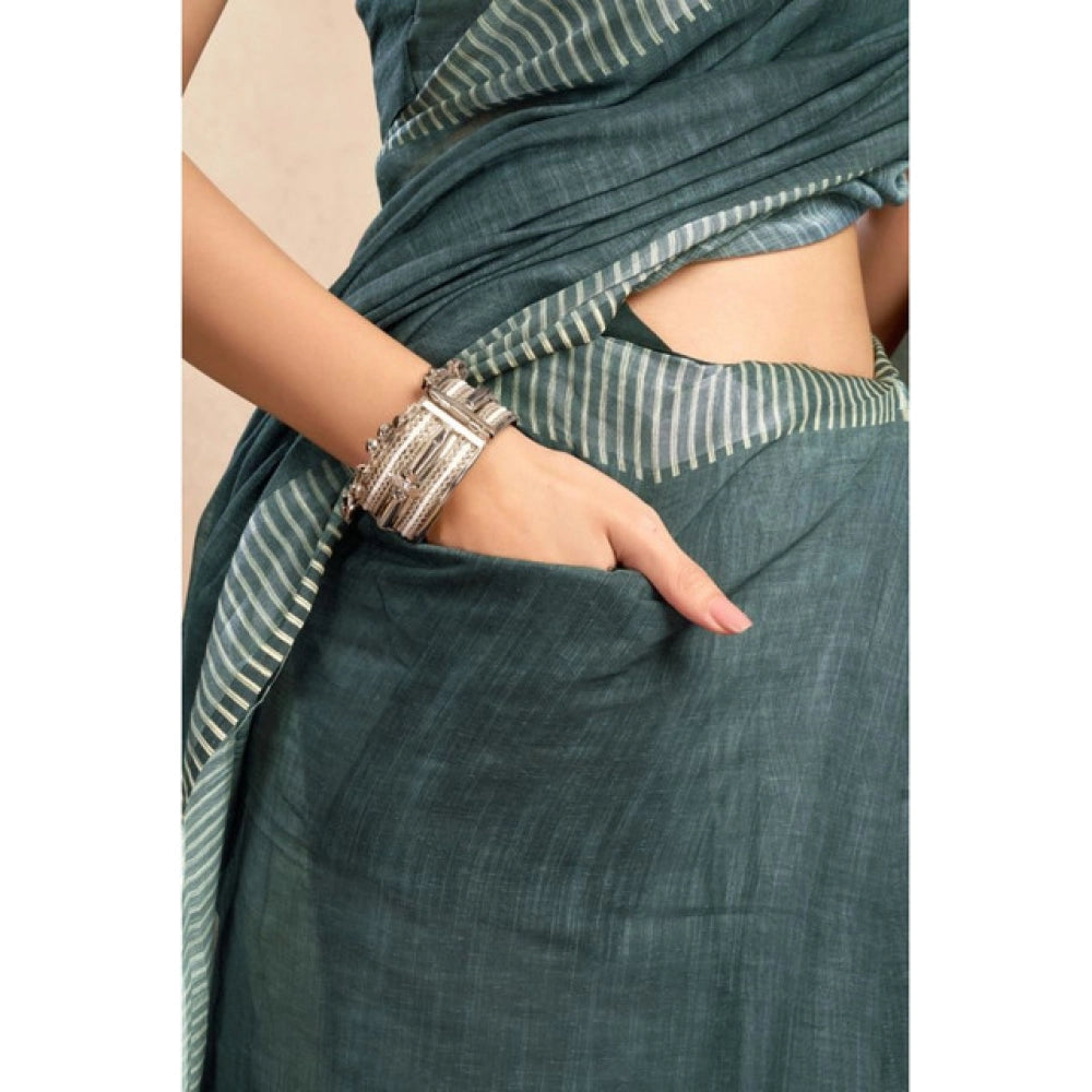 Generic Women's Linen Cotton Printed Ready To Wear Saree With Unstitched Blouse 5.5 Mtr (Light_Teal)