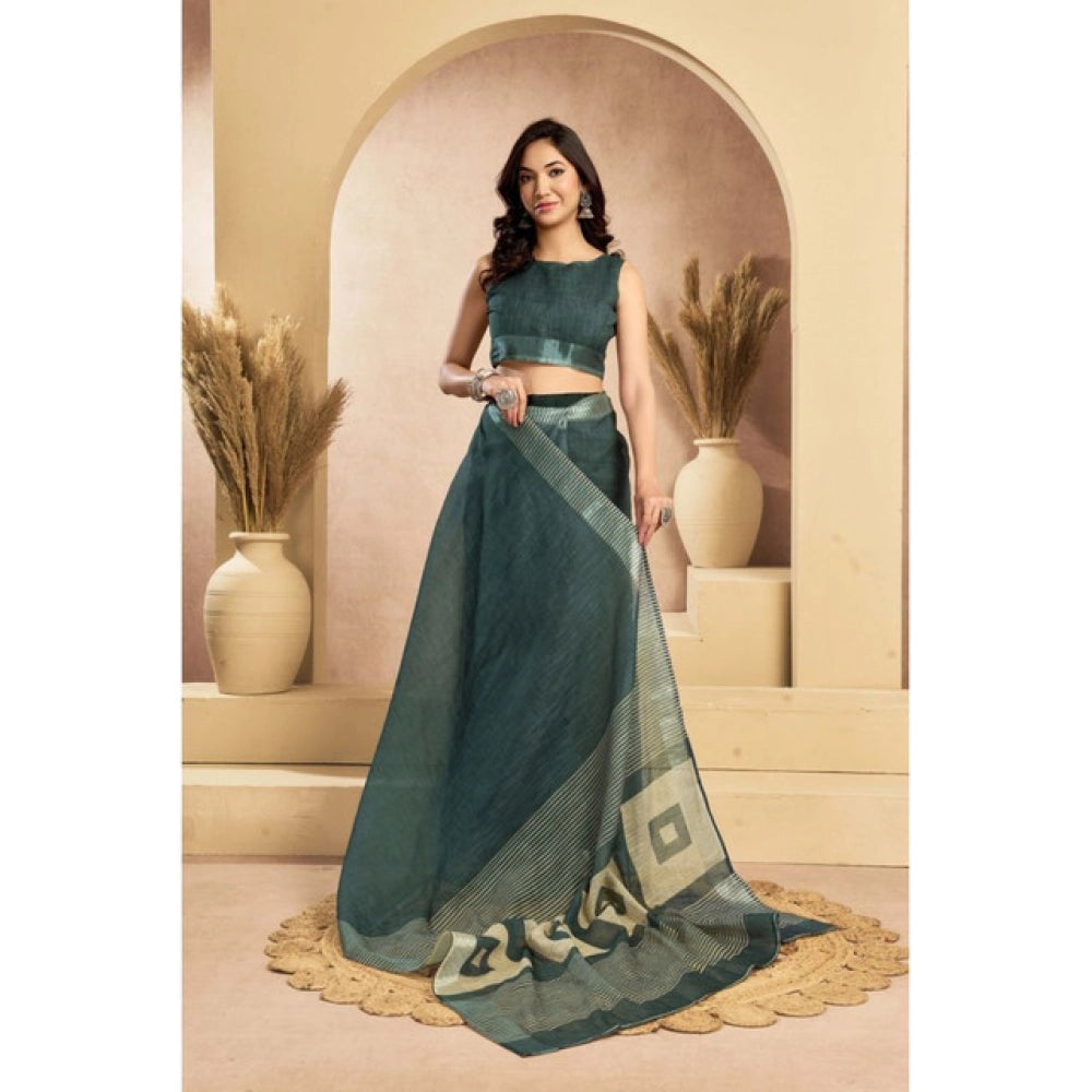Generic Women's Linen Cotton Printed Ready To Wear Saree With Unstitched Blouse 5.5 Mtr (Light_Teal)