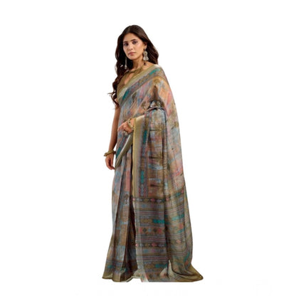 Generic Women's Linen Cotton Printed Ready To Wear Saree With Unstitched Blouse 5.5 Mtr (Multicolor)