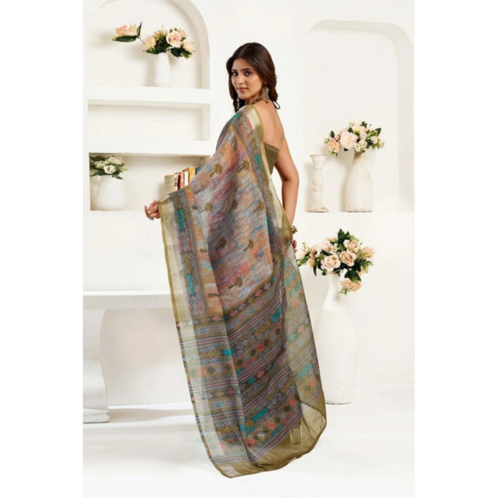 Generic Women's Linen Cotton Printed Ready To Wear Saree With Unstitched Blouse 5.5 Mtr (Multicolor)