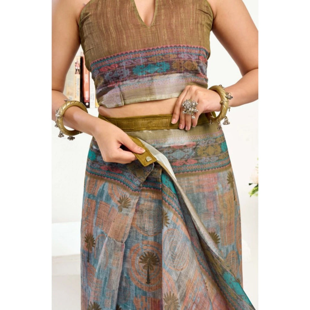 Generic Women's Linen Cotton Printed Ready To Wear Saree With Unstitched Blouse 5.5 Mtr (Multicolor)