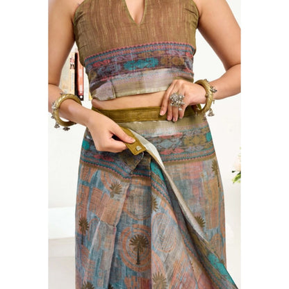 Generic Women's Linen Cotton Printed Ready To Wear Saree With Unstitched Blouse 5.5 Mtr (Multicolor)