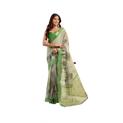 Generic Women's Linen Cotton Printed Ready To Wear Saree With Unstitched Blouse 5.5 Mtr (Light_Green)