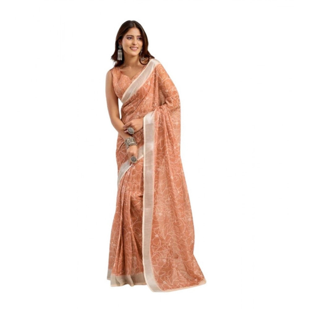 Generic Women's Linen Cotton Printed Ready To Wear Saree With Unstitched Blouse 5.5 Mtr (Peach)