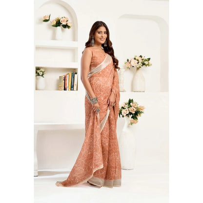 Generic Women's Linen Cotton Printed Ready To Wear Saree With Unstitched Blouse 5.5 Mtr (Peach)