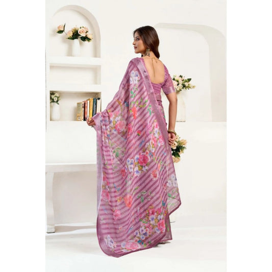 Generic Women's Linen Cotton Printed Ready To Wear Saree With Unstitched Blouse 5.5 Mtr (Light_Mauve)