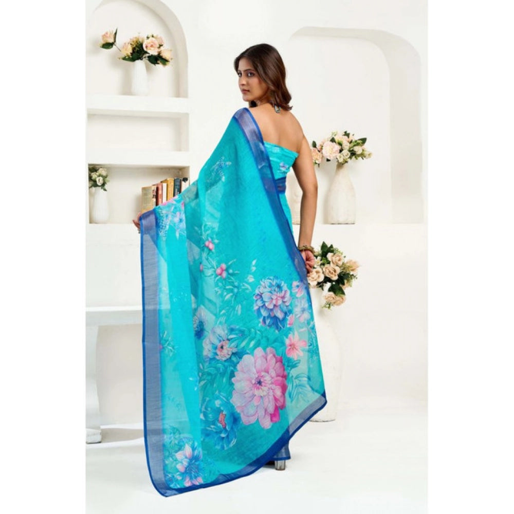 Generic Women's Linen Cotton Printed Ready To Wear Saree With Unstitched Blouse 5.5 Mtr (Light_Aqua_Blue)
