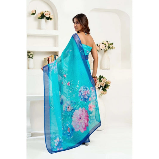 Generic Women's Linen Cotton Printed Ready To Wear Saree With Unstitched Blouse 5.5 Mtr (Light_Aqua_Blue)