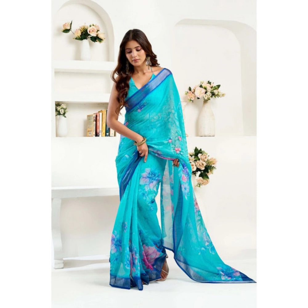 Generic Women's Linen Cotton Printed Ready To Wear Saree With Unstitched Blouse 5.5 Mtr (Light_Aqua_Blue)