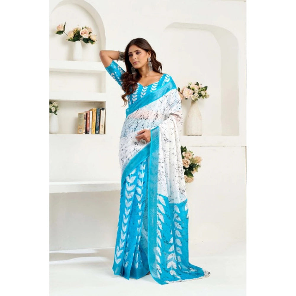 Generic Women's Linen Cotton Printed Ready To Wear Saree With Unstitched Blouse 5.5 Mtr (Sky_Blue)