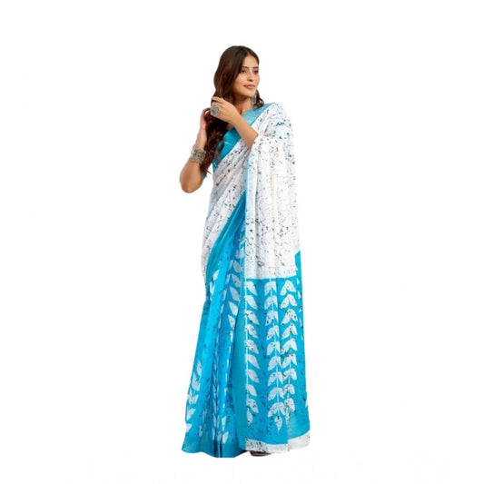 Generic Women's Linen Cotton Printed Ready To Wear Saree With Unstitched Blouse 5.5 Mtr (Sky_Blue)