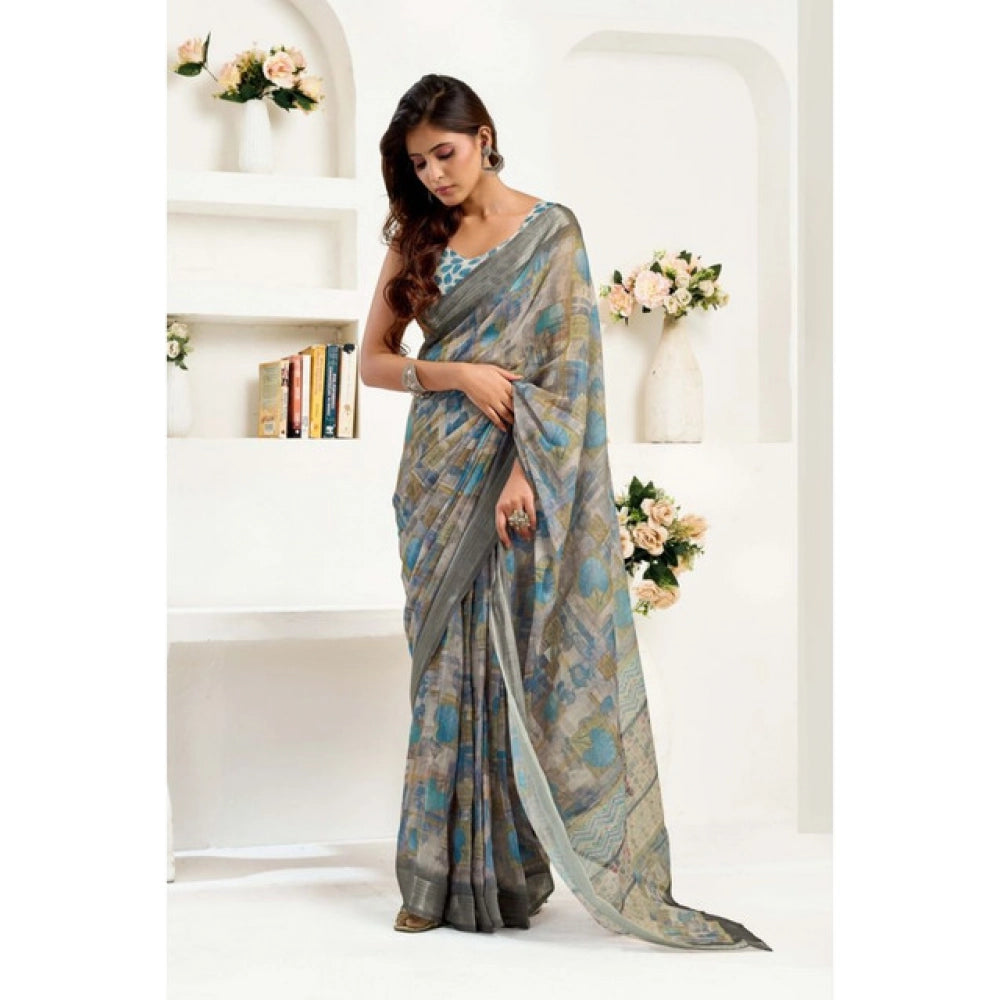 Generic Women's Linen Cotton Printed Ready To Wear Saree With Unstitched Blouse 5.5 Mtr (Grey)
