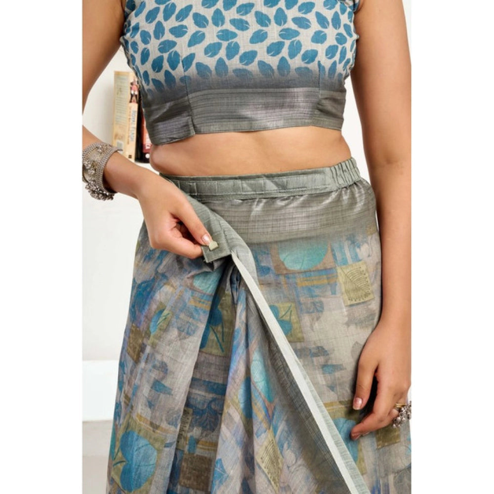 Generic Women's Linen Cotton Printed Ready To Wear Saree With Unstitched Blouse 5.5 Mtr (Grey)