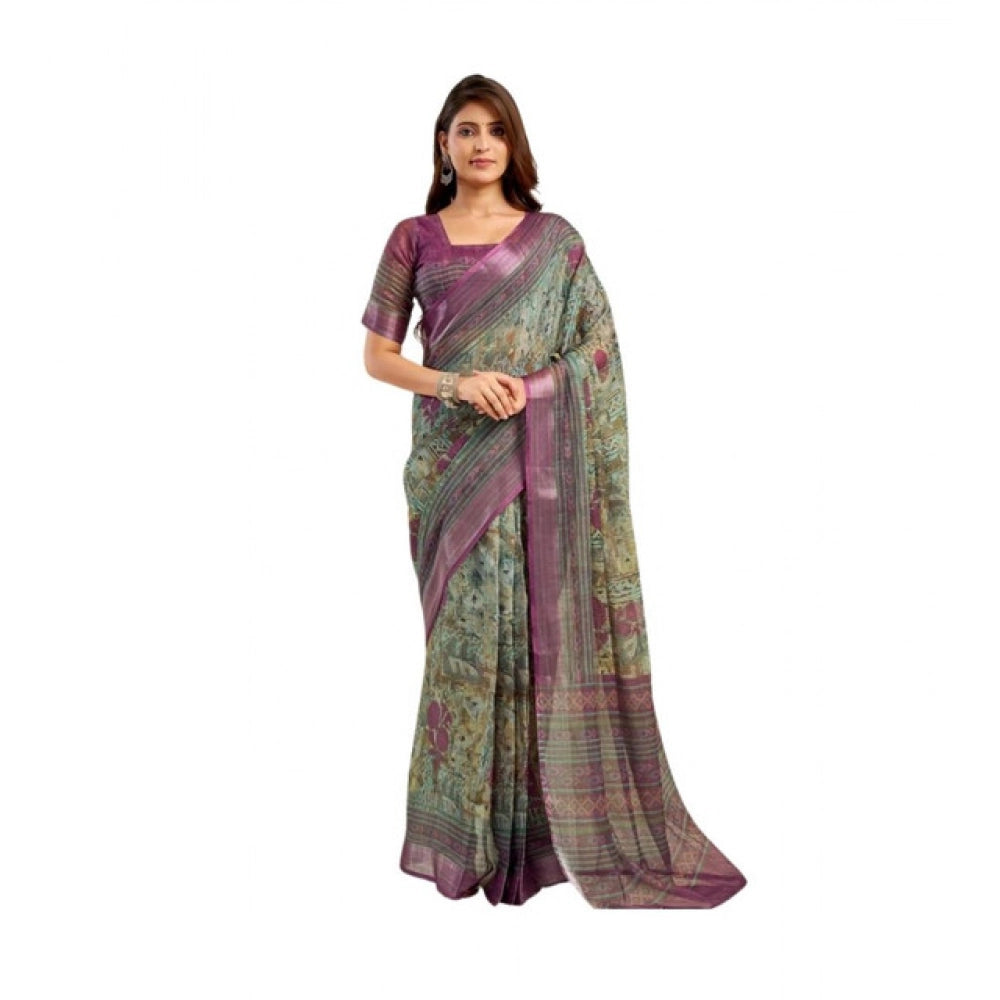 Generic Women's Linen Cotton Printed Ready To Wear Saree With Unstitched Blouse 5.5 Mtr (Multicolor)