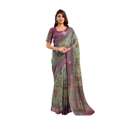 Generic Women's Linen Cotton Printed Ready To Wear Saree With Unstitched Blouse 5.5 Mtr (Multicolor)