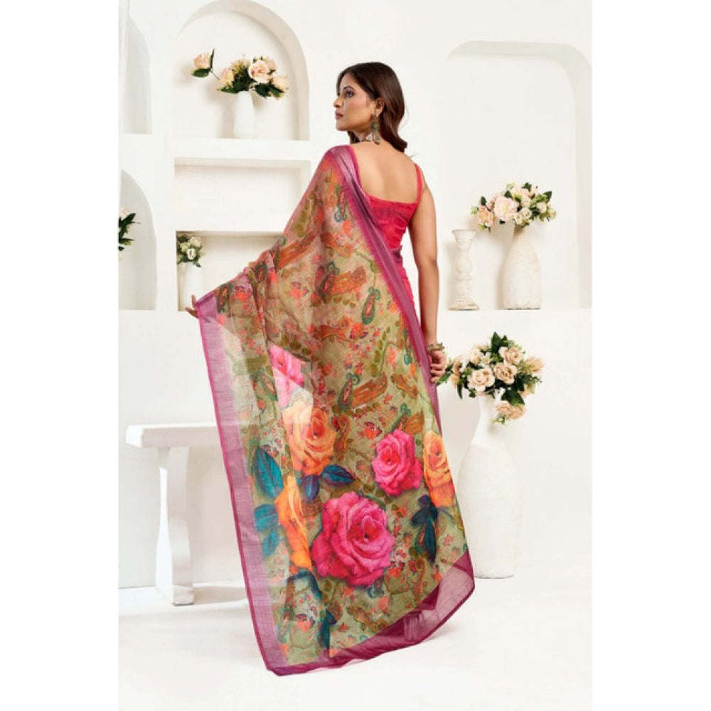 Generic Women's Linen Cotton Printed Ready To Wear Saree With Unstitched Blouse 5.5 Mtr (Pink)