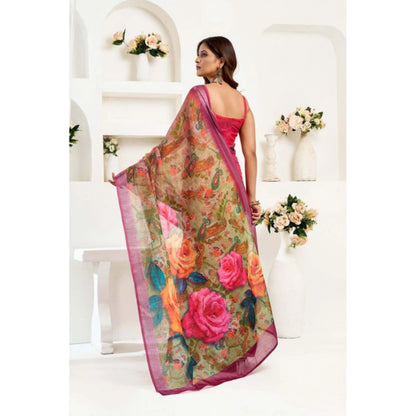 Generic Women's Linen Cotton Printed Ready To Wear Saree With Unstitched Blouse 5.5 Mtr (Pink)