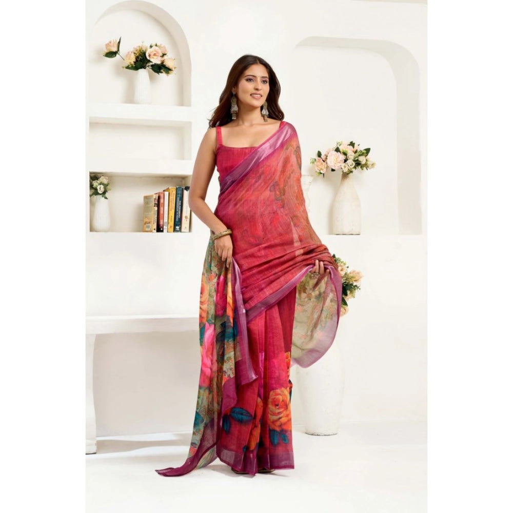 Generic Women's Linen Cotton Printed Ready To Wear Saree With Unstitched Blouse 5.5 Mtr (Pink)