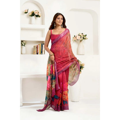 Generic Women's Linen Cotton Printed Ready To Wear Saree With Unstitched Blouse 5.5 Mtr (Pink)