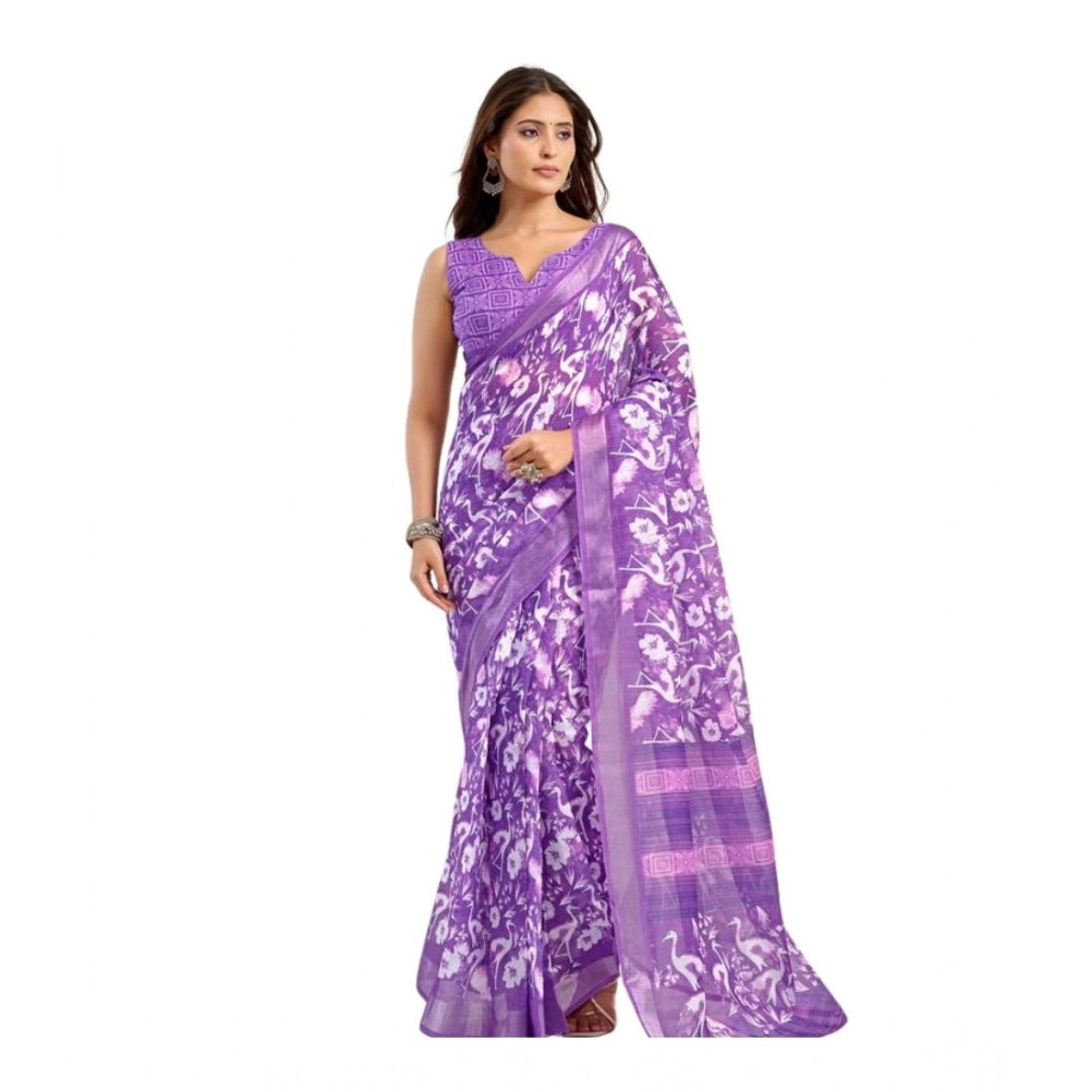 Generic Women's Linen Cotton Printed Ready To Wear Saree With Unstitched Blouse 5.5 Mtr (Purple)