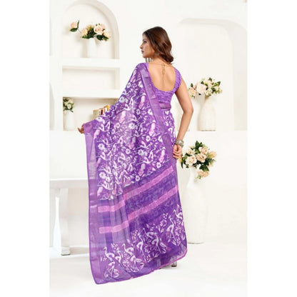 Generic Women's Linen Cotton Printed Ready To Wear Saree With Unstitched Blouse 5.5 Mtr (Purple)