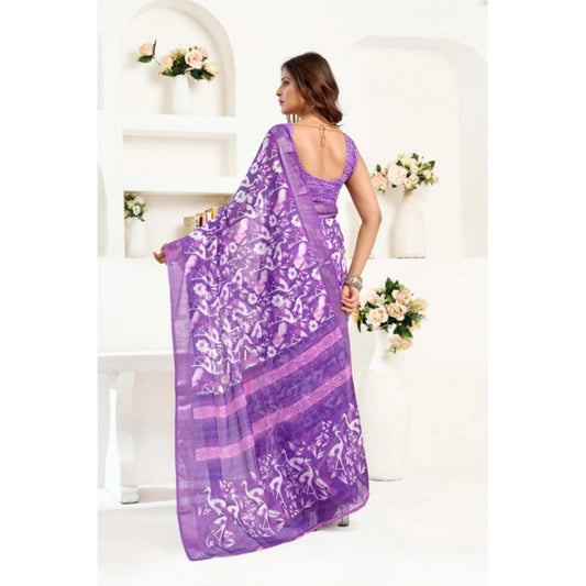 Generic Women's Linen Cotton Printed Ready To Wear Saree With Unstitched Blouse 5.5 Mtr (Purple)