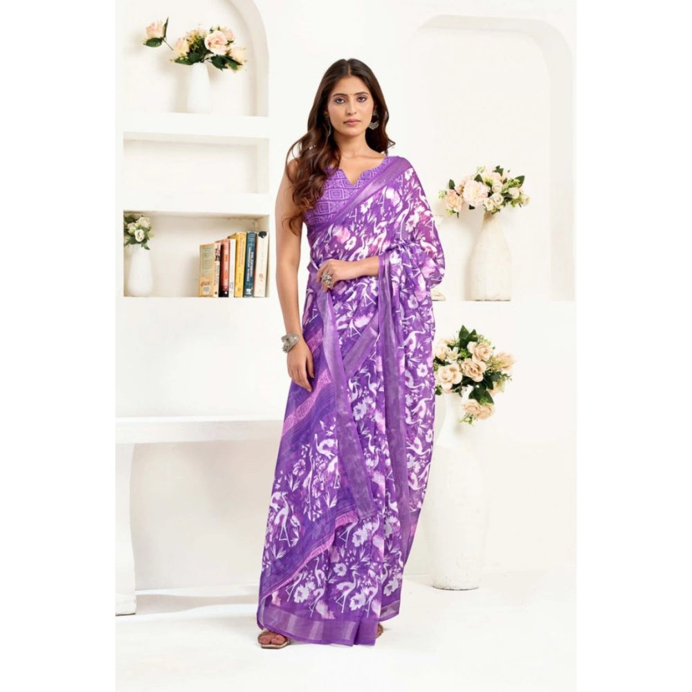 Generic Women's Linen Cotton Printed Ready To Wear Saree With Unstitched Blouse 5.5 Mtr (Purple)