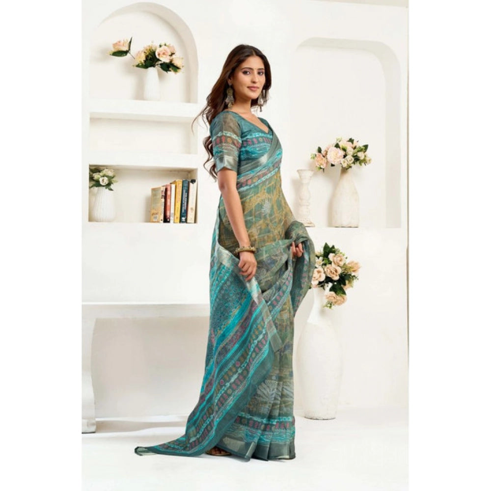 Generic Women's Linen Cotton Printed Ready To Wear Saree With Unstitched Blouse 5.5 Mtr (Light_Green)
