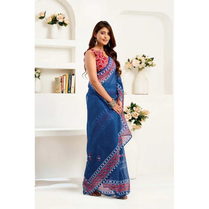 Generic Women's Linen Cotton Printed Ready To Wear Saree With Unstitched Blouse 5.5 Mtr (Blue)