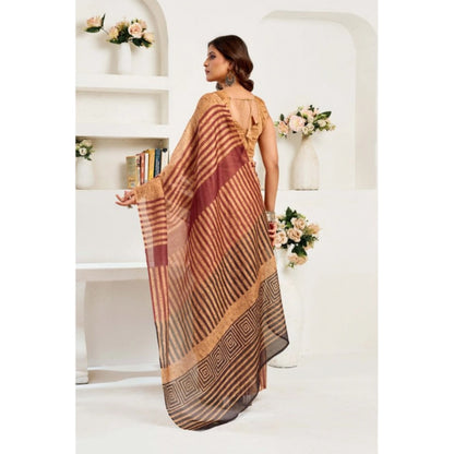 Generic Women's Linen Cotton Printed Ready To Wear Saree With Unstitched Blouse 5.5 Mtr (Brown)