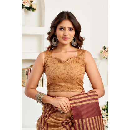 Generic Women's Linen Cotton Printed Ready To Wear Saree With Unstitched Blouse 5.5 Mtr (Brown)