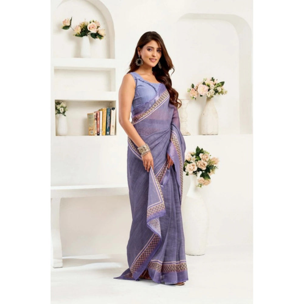Generic Women's Linen Cotton Printed Ready To Wear Saree With Unstitched Blouse 5.5 Mtr (Light_Lavender)