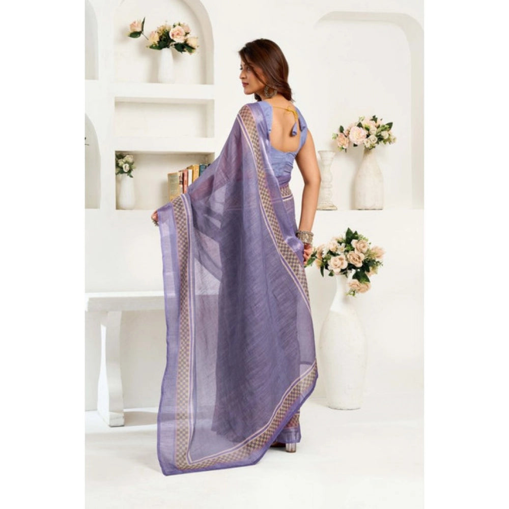 Generic Women's Linen Cotton Printed Ready To Wear Saree With Unstitched Blouse 5.5 Mtr (Light_Lavender)