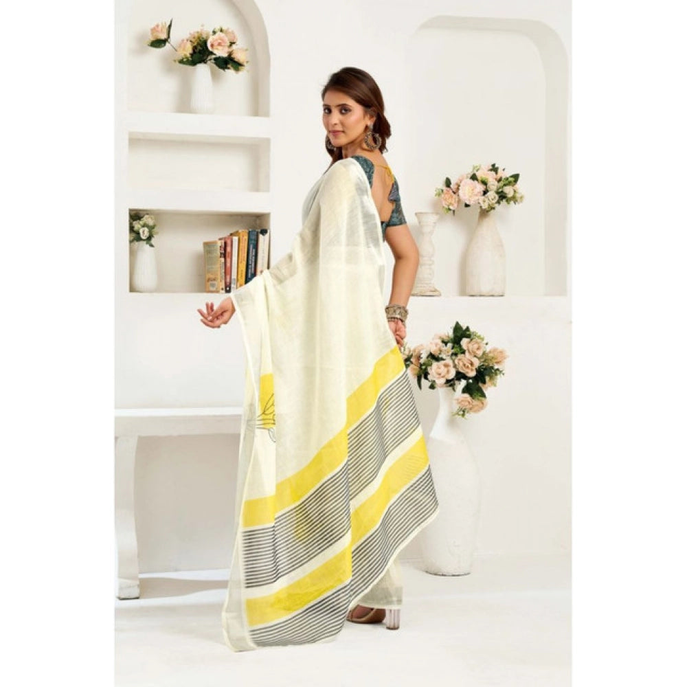 Generic Women's Linen Cotton Printed Ready To Wear Saree With Unstitched Blouse 5.5 Mtr (Off_White)