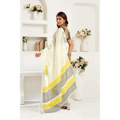 Generic Women's Linen Cotton Printed Ready To Wear Saree With Unstitched Blouse 5.5 Mtr (Off_White)
