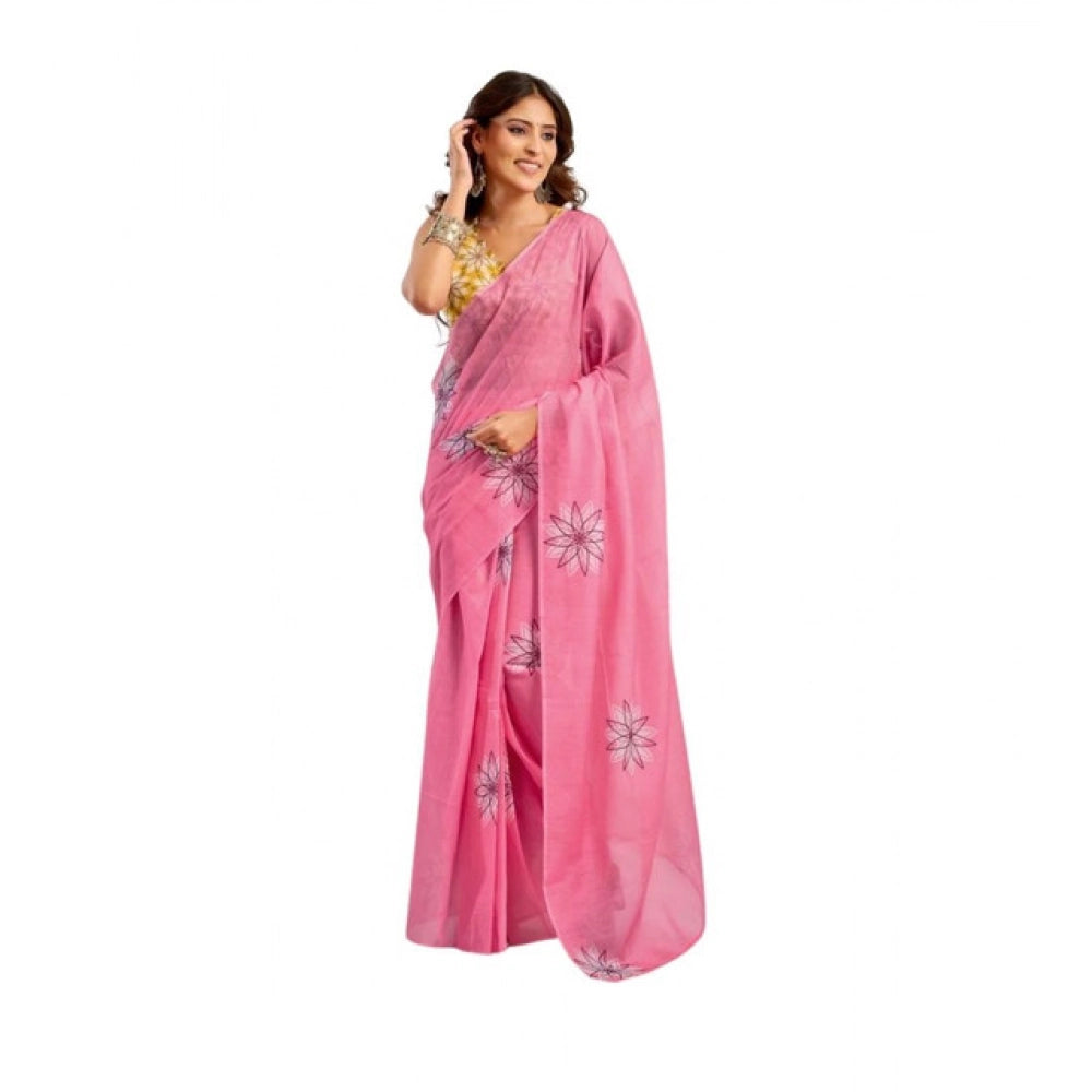 Generic Women's Linen Cotton Printed Ready To Wear Saree With Unstitched Blouse 5.5 Mtr (Pink)