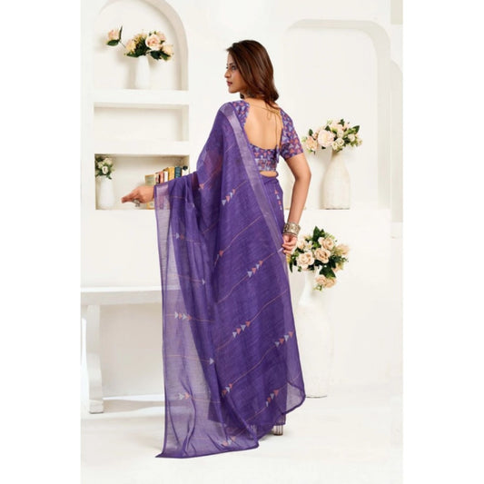 Generic Women's Linen Cotton Printed Ready To Wear Saree With Unstitched Blouse 5.5 Mtr (Purple)
