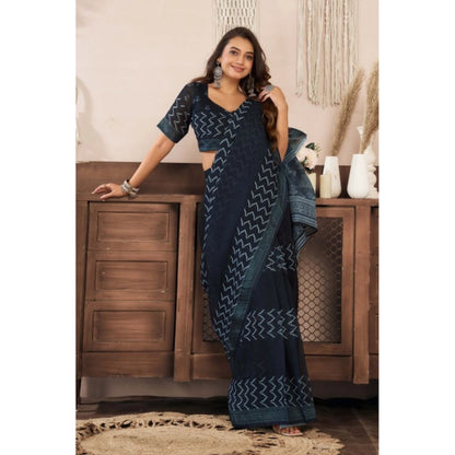 Generic Women's Linen Cotton Printed Ready To Wear Saree With Unstitched Blouse 5.5 Mtr (Black)