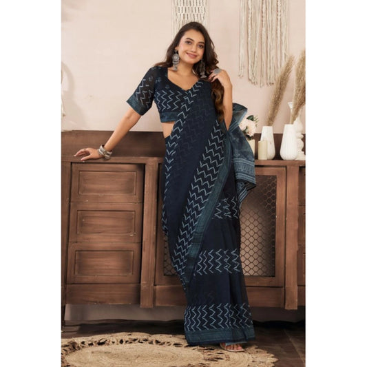 Generic Women's Linen Cotton Printed Ready To Wear Saree With Unstitched Blouse 5.5 Mtr (Black)