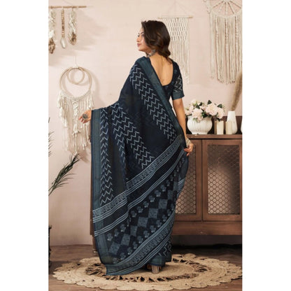 Generic Women's Linen Cotton Printed Ready To Wear Saree With Unstitched Blouse 5.5 Mtr (Black)