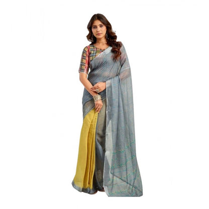 Generic Women's Linen Cotton Printed Ready To Wear Saree With Unstitched Blouse 5.5 Mtr (Grey)