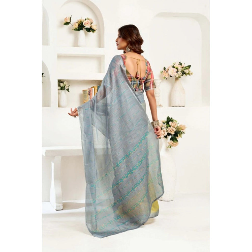 Generic Women's Linen Cotton Printed Ready To Wear Saree With Unstitched Blouse 5.5 Mtr (Grey)