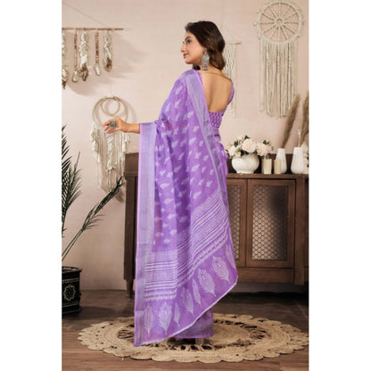 Generic Women's Linen Cotton Printed Ready To Wear Saree With Unstitched Blouse 5.5 Mtr (Lavender)