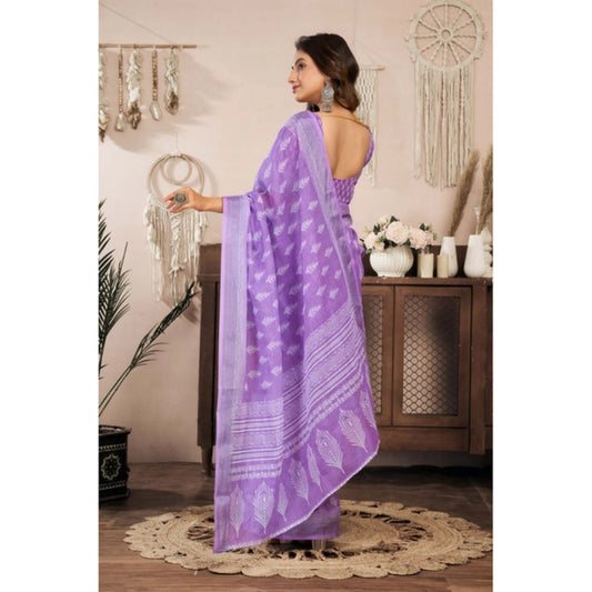 Generic Women's Linen Cotton Printed Ready To Wear Saree With Unstitched Blouse 5.5 Mtr (Lavender)
